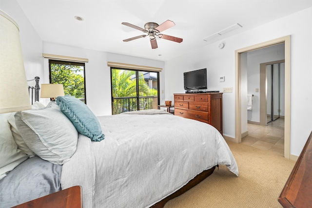 bedroom with access to outside, ceiling fan, and light carpet