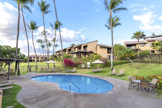 view of swimming pool featuring a patio and a lawn