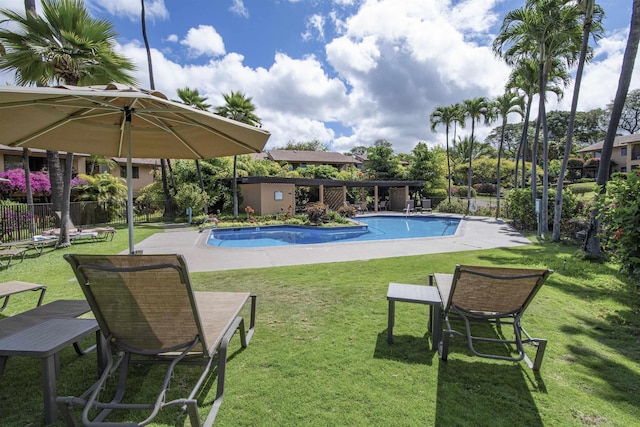 view of swimming pool with a lawn