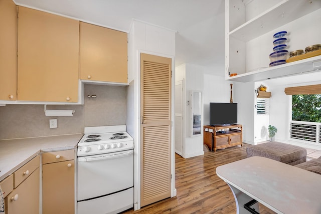 317 Kenolio Rd, Kihei, HI 96753 - kitchen featuring white range with electric stovetop, light countertops, open shelves, and light wood-style floors
