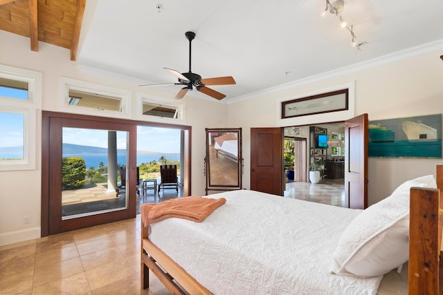 bedroom with light tile floors, access to exterior, multiple windows, and track lighting