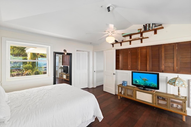 bedroom featuring ceiling fan, lofted ceiling, dark hardwood / wood-style floors, and a closet