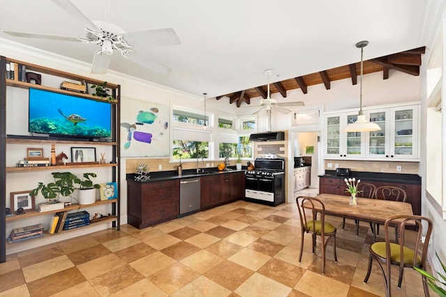 kitchen with double oven range, ceiling fan, hanging light fixtures, and beamed ceiling