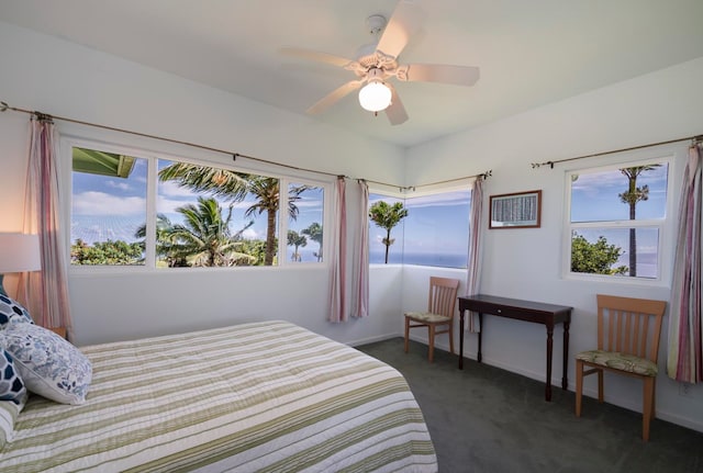 carpeted bedroom with ceiling fan