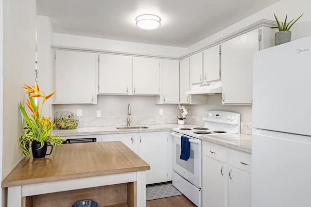 kitchen featuring dark wood-type flooring, white cabinetry, white appliances, and sink