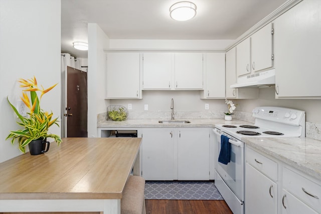 kitchen with white cabinets, dark hardwood / wood-style flooring, sink, and white range with electric stovetop