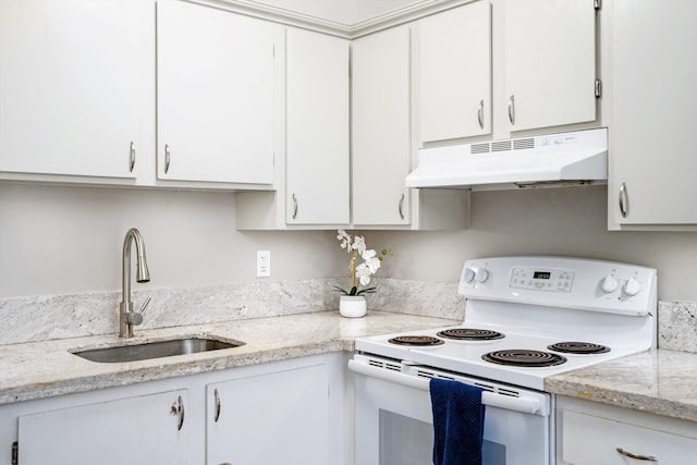 kitchen with white electric range, white cabinetry, sink, and light stone counters