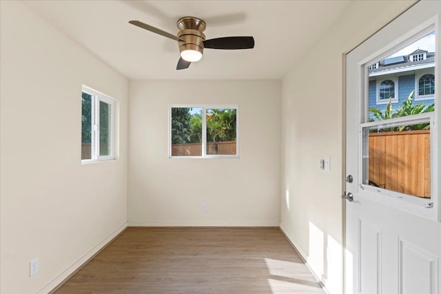 unfurnished room featuring light hardwood / wood-style flooring, a wealth of natural light, and ceiling fan