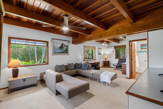 41 Pihaa St, Lahaina, HI 96761 - living area with a ceiling fan, carpet, and a wood ceiling with exposed beams