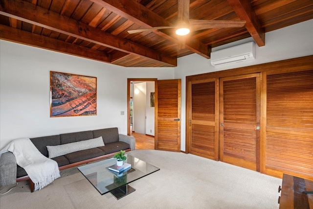 41 Pihaa St, Lahaina, HI 96761 - carpeted living area with an AC wall unit, a wooden ceiling with exposed beams, and ceiling fan