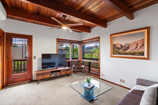 41 Pihaa St, Lahaina, HI 96761 - living area with plenty of natural light, a wood ceiling with exposed beams, carpet flooring, and ceiling fan
