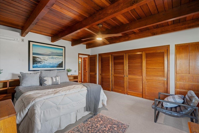 41 Pihaa St, Lahaina, HI 96761 - carpeted bedroom featuring a wooden ceiling with exposed beams and a wall unit AC