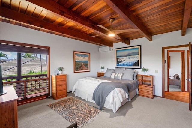 41 Pihaa St, Lahaina, HI 96761 - carpeted bedroom featuring a wall unit AC and a wooden ceiling with exposed beams