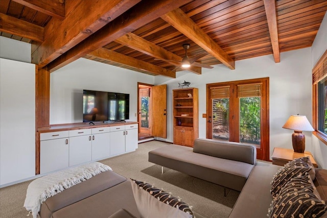 41 Pihaa St, Lahaina, HI 96761 - living area with a wood ceiling with exposed beams, light carpet, and ceiling fan