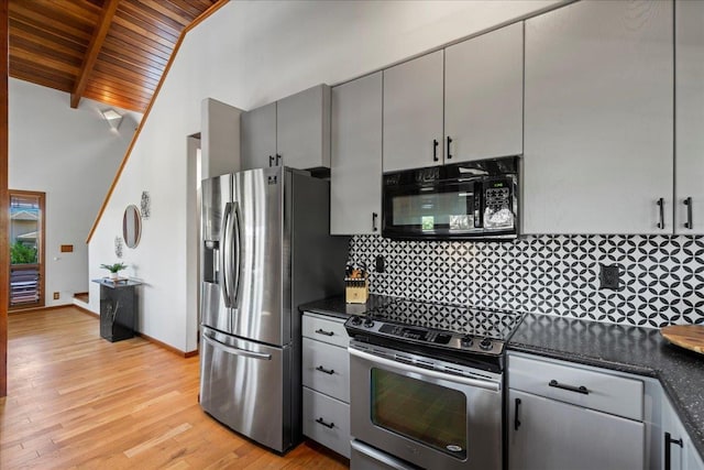 41 Pihaa St, Lahaina, HI 96761 - kitchen featuring appliances with stainless steel finishes, a wooden ceiling with exposed beams, decorative backsplash, gray cabinetry, and light wood-style flooring