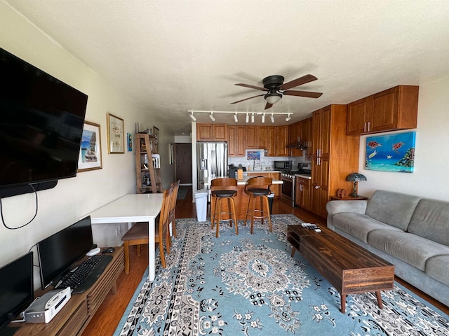 living room with ceiling fan, light hardwood / wood-style flooring, sink, a textured ceiling, and track lighting