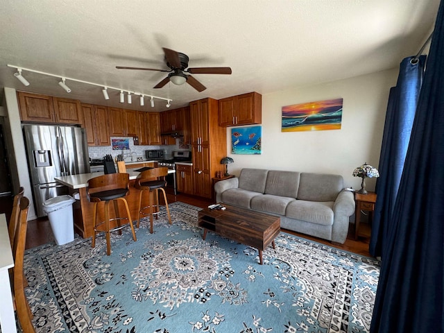 living room featuring ceiling fan, rail lighting, sink, light hardwood / wood-style flooring, and a textured ceiling