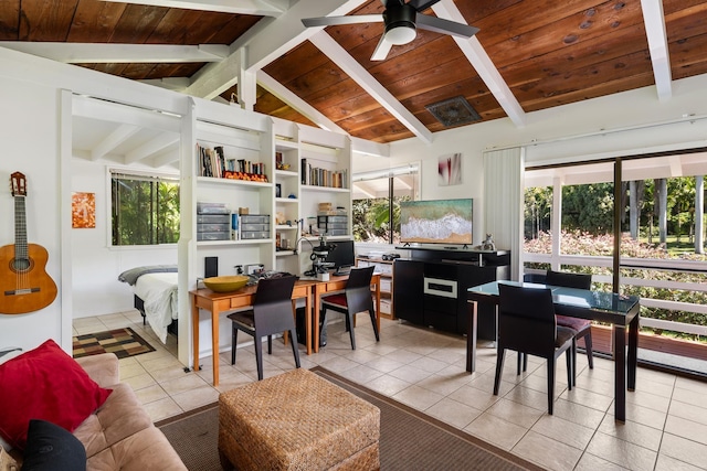 interior space with lofted ceiling with beams, plenty of natural light, wooden ceiling, and ceiling fan