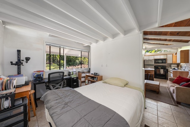 tiled bedroom featuring beamed ceiling and stainless steel refrigerator