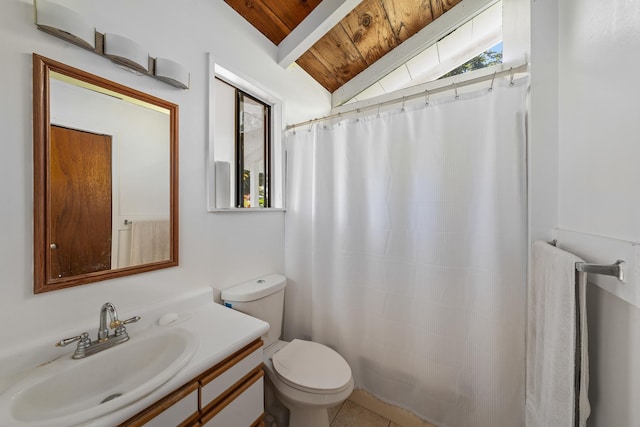 bathroom with tile patterned flooring, lofted ceiling, toilet, vanity, and wood ceiling