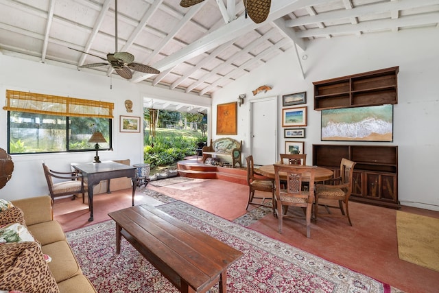 living room with ceiling fan, beam ceiling, and high vaulted ceiling