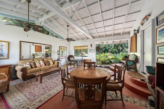 sunroom / solarium with vaulted ceiling with beams and ceiling fan