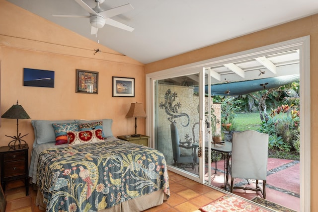 tiled bedroom with access to outside, vaulted ceiling, and ceiling fan