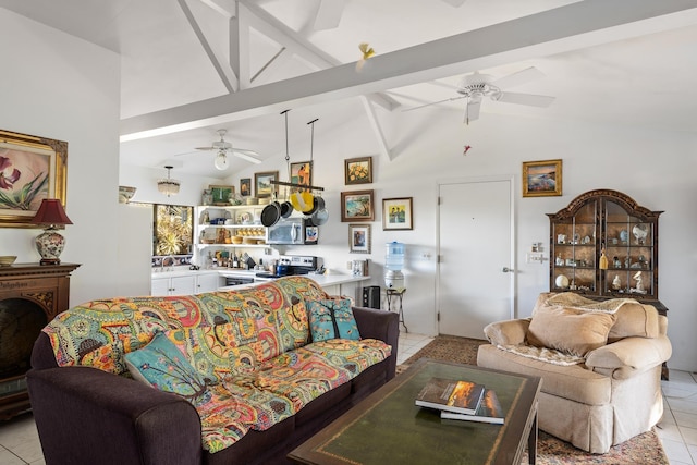 living room featuring light tile patterned floors, high vaulted ceiling, and beam ceiling