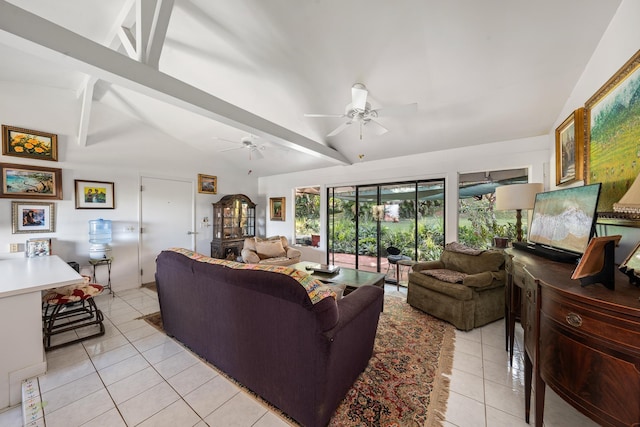 living room featuring light tile patterned floors, lofted ceiling with beams, and ceiling fan