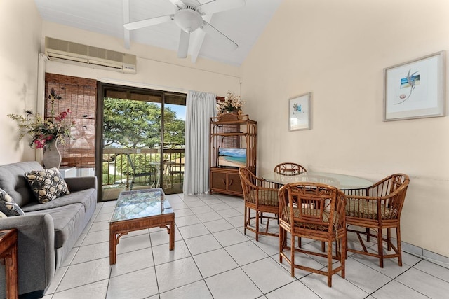 2191 S Kihei Rd Unit 2422, Kihei, HI 96753 - dining area with a wall mounted air conditioner, light tile patterned floors, ceiling fan, and high vaulted ceiling