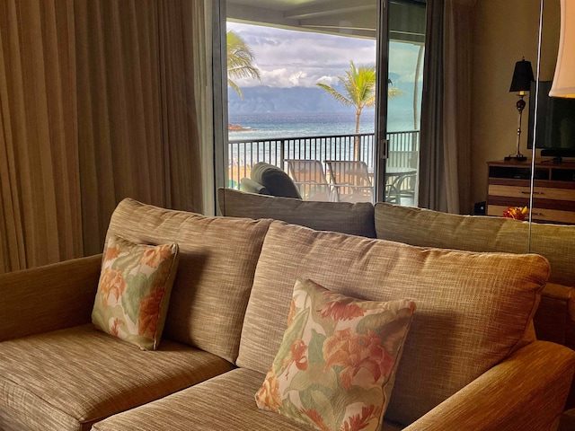 interior space featuring a water view