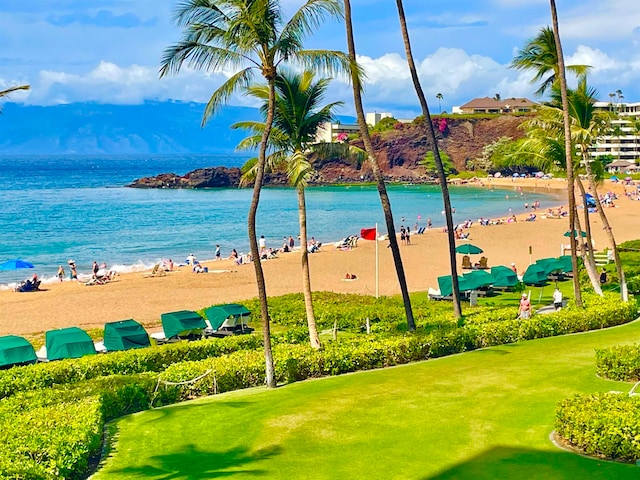 property view of water featuring a beach view
