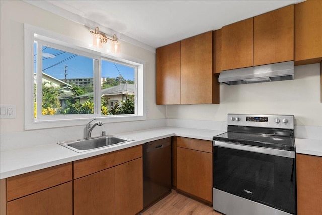 kitchen with dishwasher, sink, light wood-type flooring, stainless steel range with electric cooktop, and ventilation hood