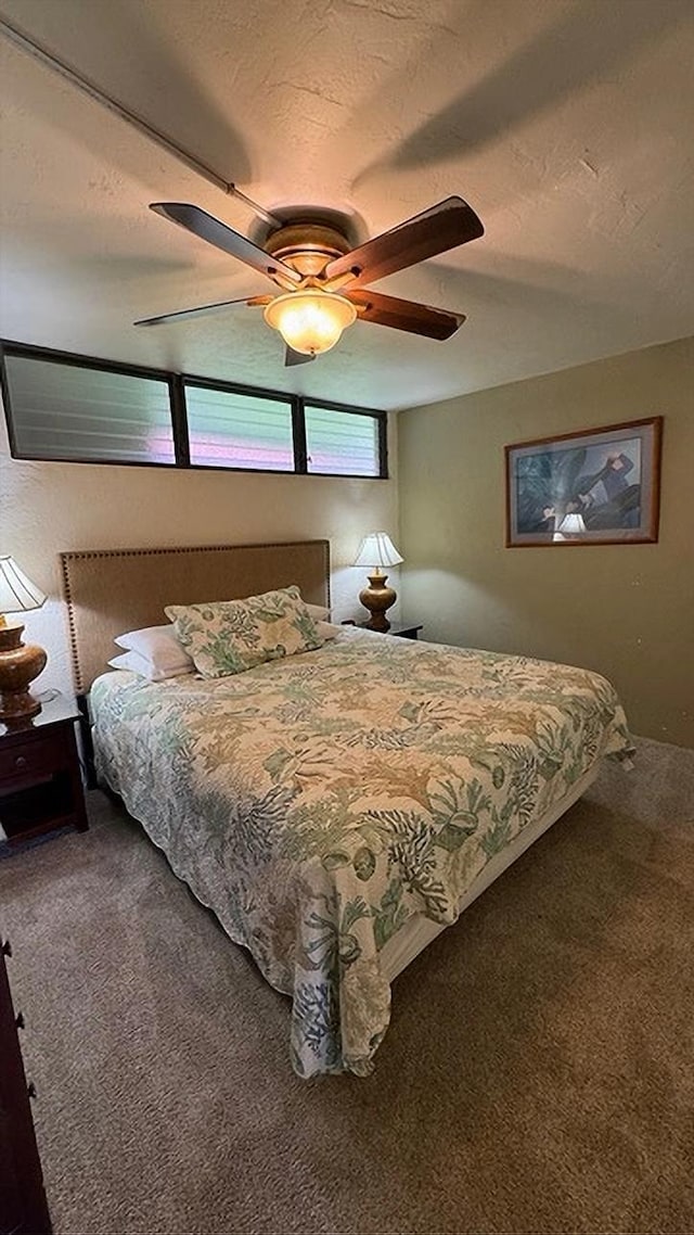 living room with a wall unit AC, ceiling fan, and carpet floors