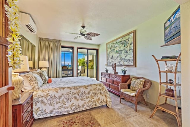 tiled bedroom with ceiling fan, a wall unit AC, and access to outside