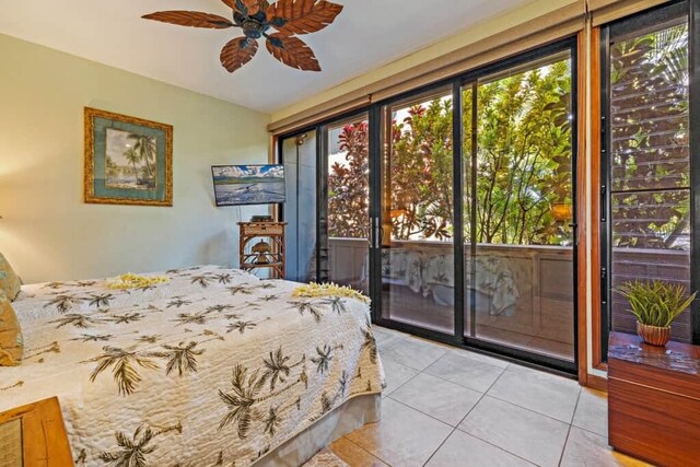 tiled bedroom featuring access to exterior and ceiling fan