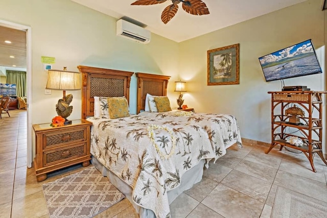 tiled bedroom featuring an AC wall unit and ceiling fan