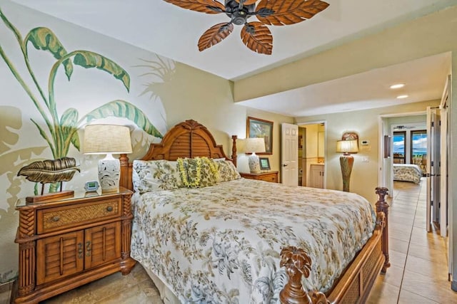 bedroom with light tile patterned floors and ceiling fan