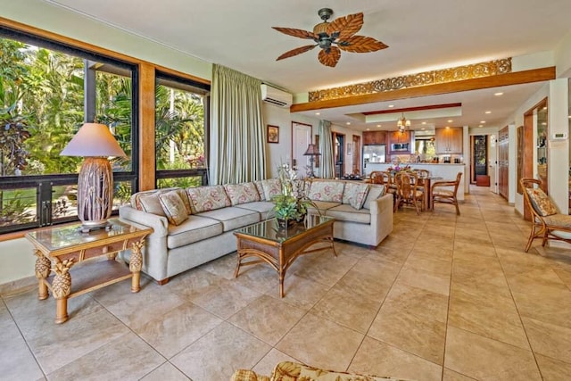 living room with a wall unit AC and ceiling fan