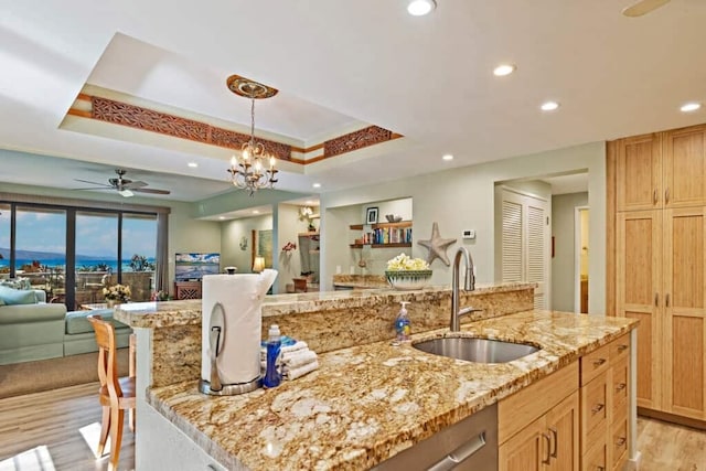 kitchen featuring sink, light hardwood / wood-style flooring, a raised ceiling, and an island with sink