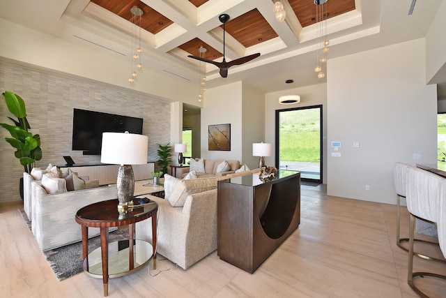 living room with coffered ceiling, wood ceiling, and beam ceiling