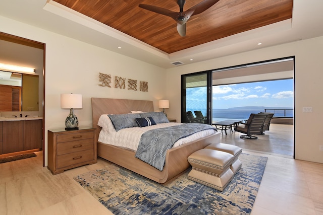 bedroom featuring wood ceiling, a water view, ceiling fan, and a raised ceiling