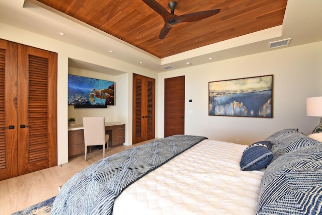 bedroom with ceiling fan, a tray ceiling, wooden ceiling, and light hardwood / wood-style flooring