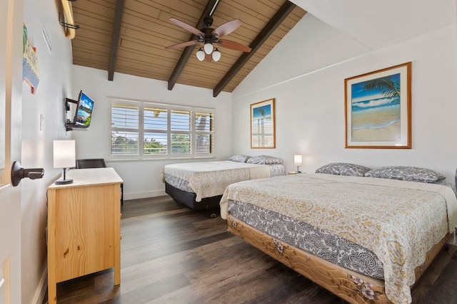 bedroom featuring lofted ceiling with beams, wooden ceiling, ceiling fan, and dark wood-type flooring