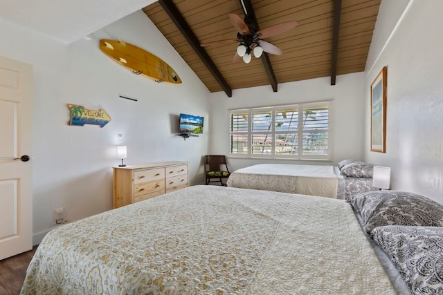 bedroom featuring vaulted ceiling with beams, ceiling fan, wooden ceiling, and dark hardwood / wood-style floors