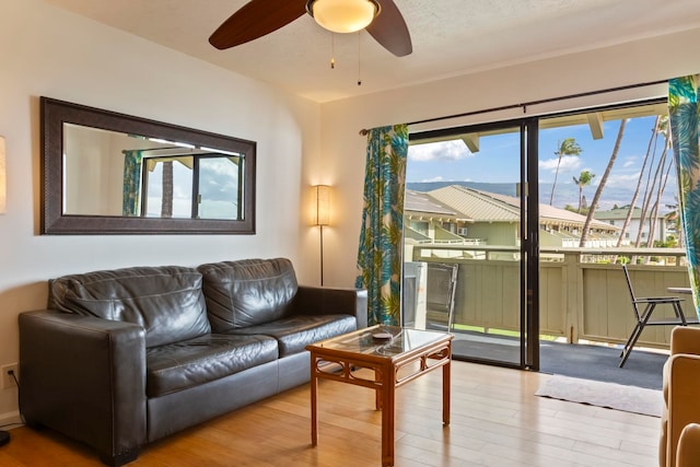 living room featuring ceiling fan, a textured ceiling, and light hardwood / wood-style flooring