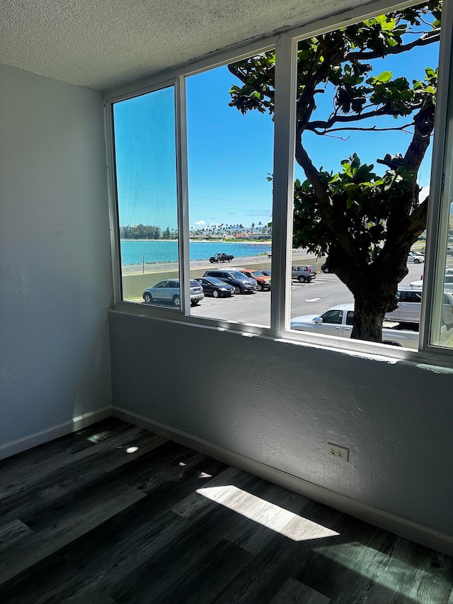 unfurnished room featuring dark hardwood / wood-style floors and a water view