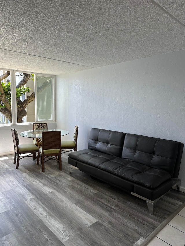 living room featuring a textured ceiling and wood-type flooring