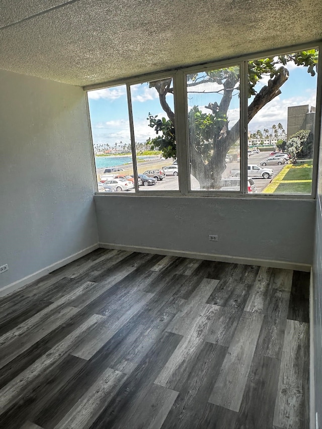 spare room with a textured ceiling and dark hardwood / wood-style flooring