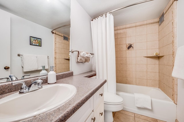 full bath with toilet, shower / bath combo with shower curtain, vanity, visible vents, and tile patterned flooring